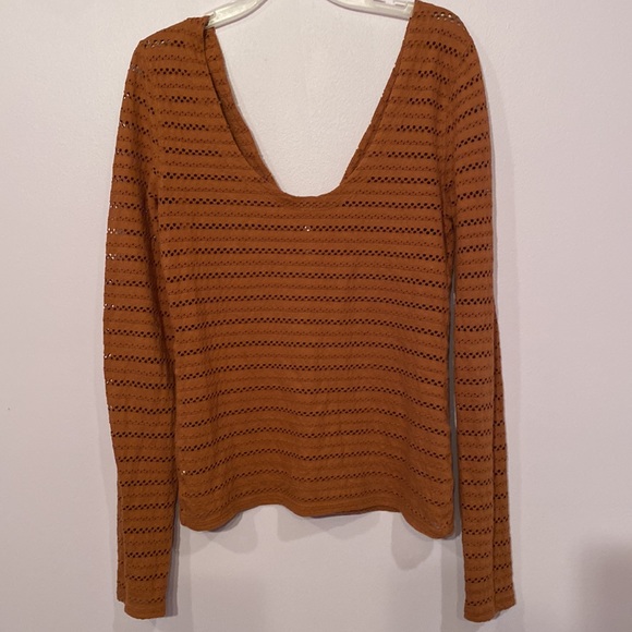 Free People Copper Burnt Orange V-neck Stretchy Long Sleeves Printed Design Top - Picture 8 of 10